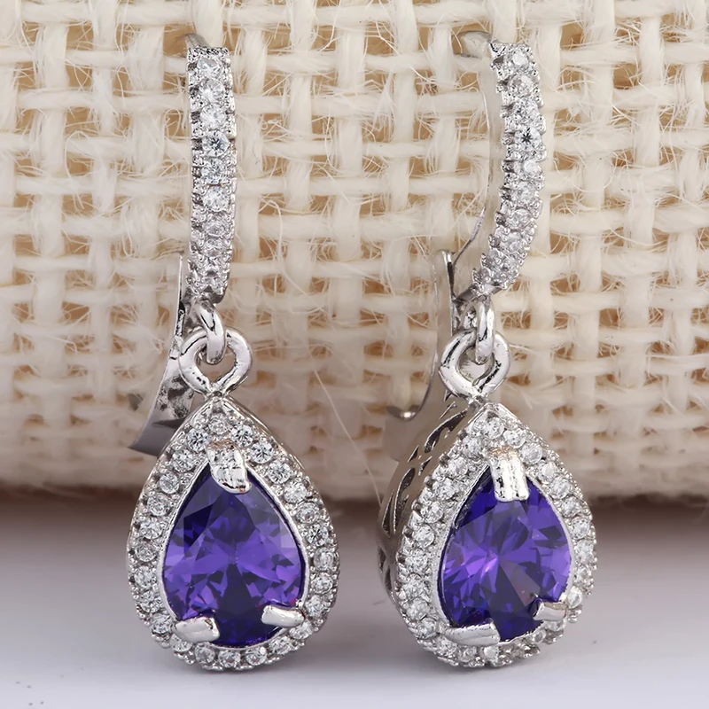 

Pink/Purple Water Drop CZ Zircon Jewelry Long Silver Dangle Earrings Brincos Pendiente For Women Gifts boucle d'oreille Z3K339