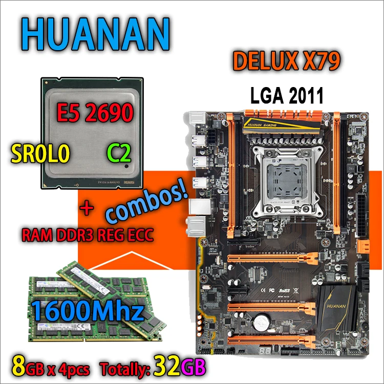 HUANAN golden Deluxe version X79 gaming motherboard LGA 2011 ATX combos E5 2690 C2 SR0L0 4 x 8G 1600MHz 32gb DDR3 RECC Memory