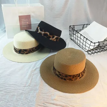 

01910-DUXIAO4576 Summer Leopard Print RIBBON flat straw fedoras hat sunscreen men women panama caps