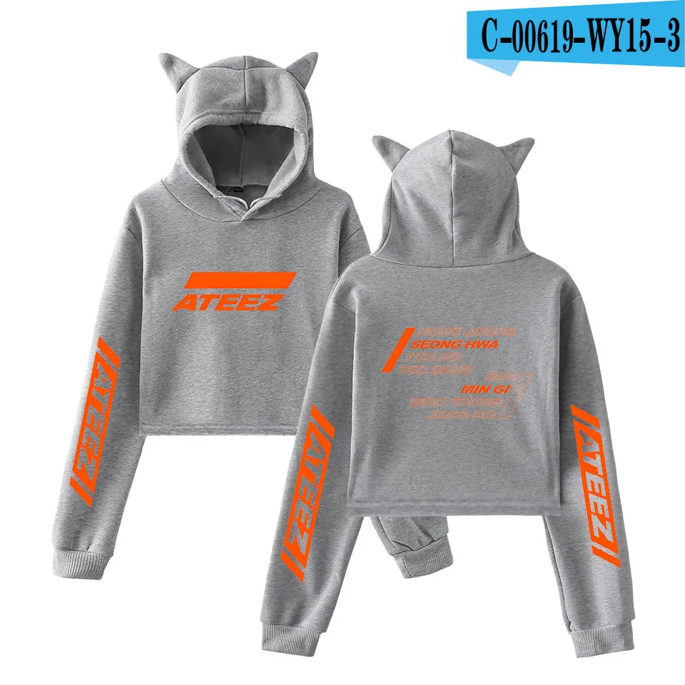 Korean Fashion KPOP ATEEZ Kawaii Crop Top Hoodie Funny Cat