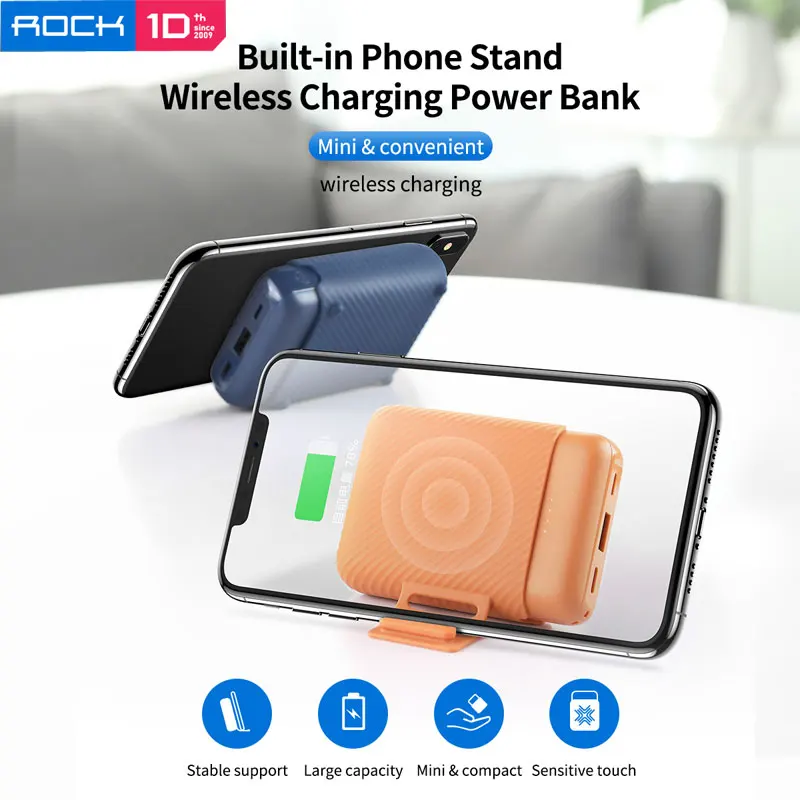  ROCK Portable Mini Size 10000mah Power Bank External Battery USB and Wireless Charging Powerbank Fo