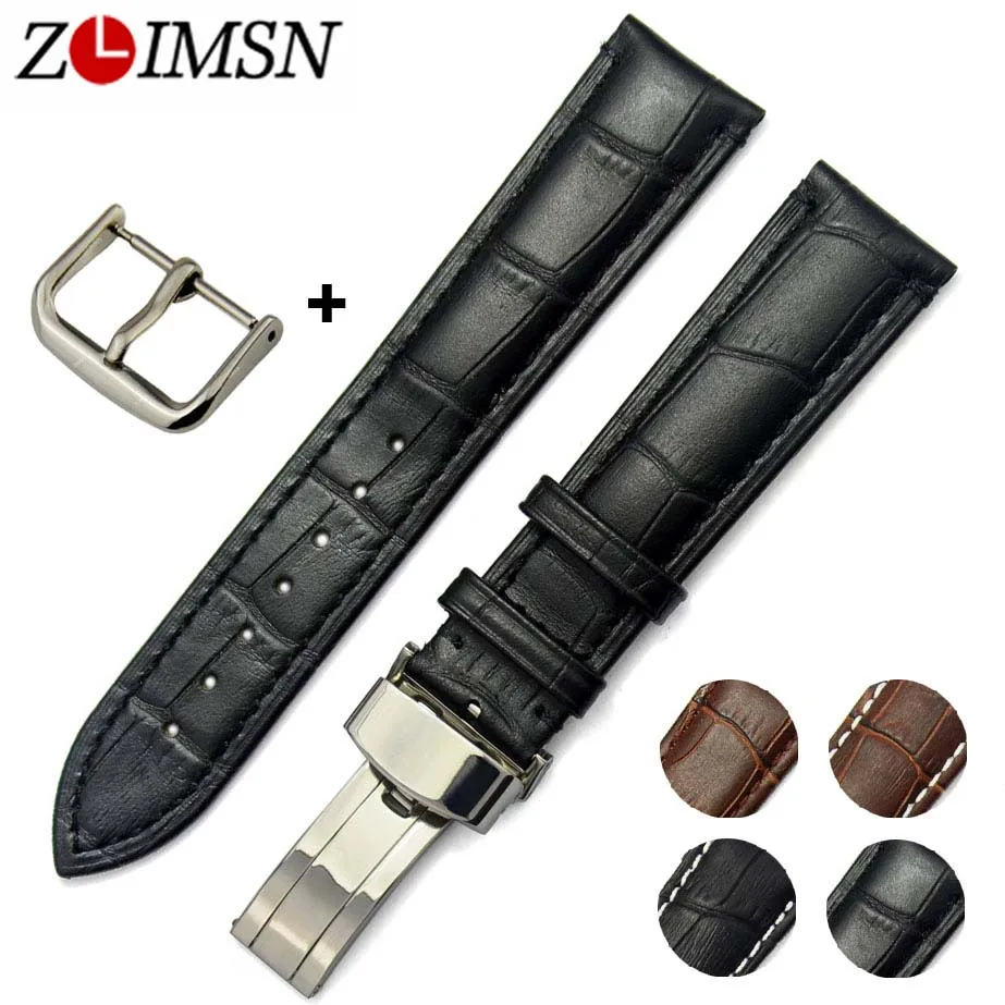 

ZLIMSN Genuine Leather Watch Band Men Belt 18mm 20mm 22mm 24mm Black Brown Watchband Stainless Steel Butterfly Buckle Pin Buckle