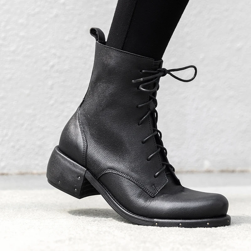 

LAPOLAKA 2018 wholesale big size 42 genuine leather sheepskin chunky Heels martin Boots Women Shoes Woman ankke Boots