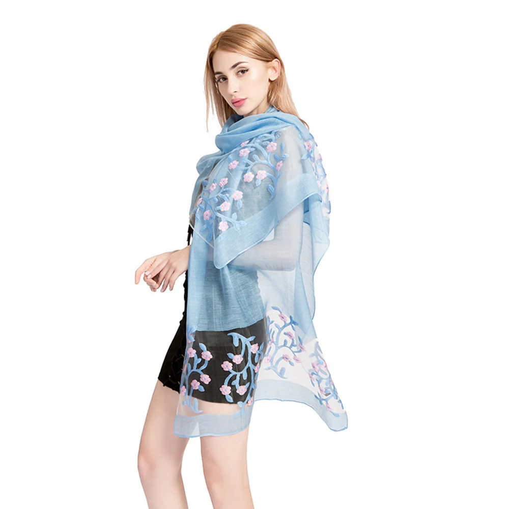 

AudWhale Women's Silk Scarf Summer Embroidery Sun Shade Luxury Brand Silk Women Scarf Beach Shawl Pashmina For Ladies
