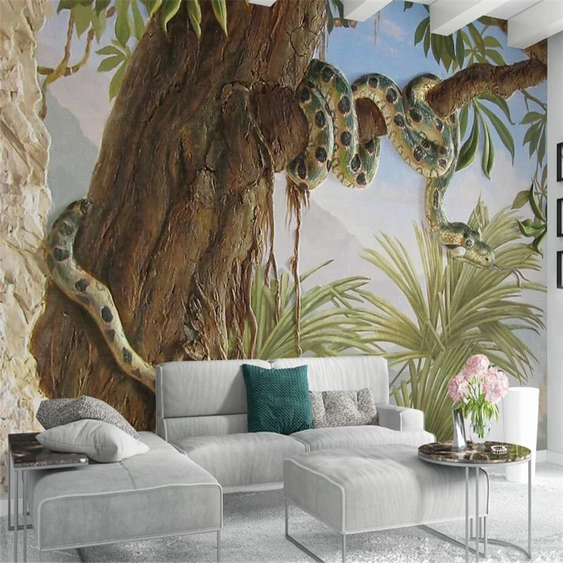 

beibehang European 3D three-dimensional relief tropical jungle tree snake wall custom large mural wallpaper papel de parede