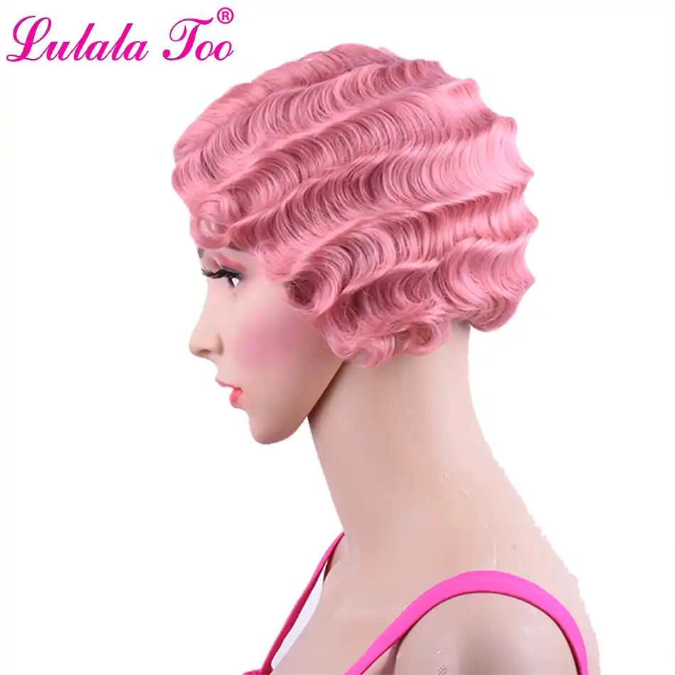 short pink curly synthetic wig for black women finger wave