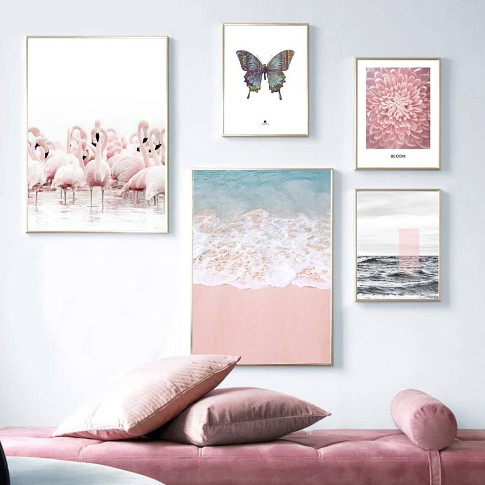 Flamingo-mariposa-flor-playa-paisaje-pared-Lona-de-arte-pintura-n-rdica-carteles-y-huellas-de
