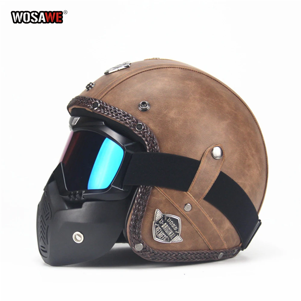 WOSAWE PU мотоциклетный шлем для скутера Ретро винтажный 3/4 мотоциклетный шлем с открытым лицом мотоциклетный шлем для мотокросса