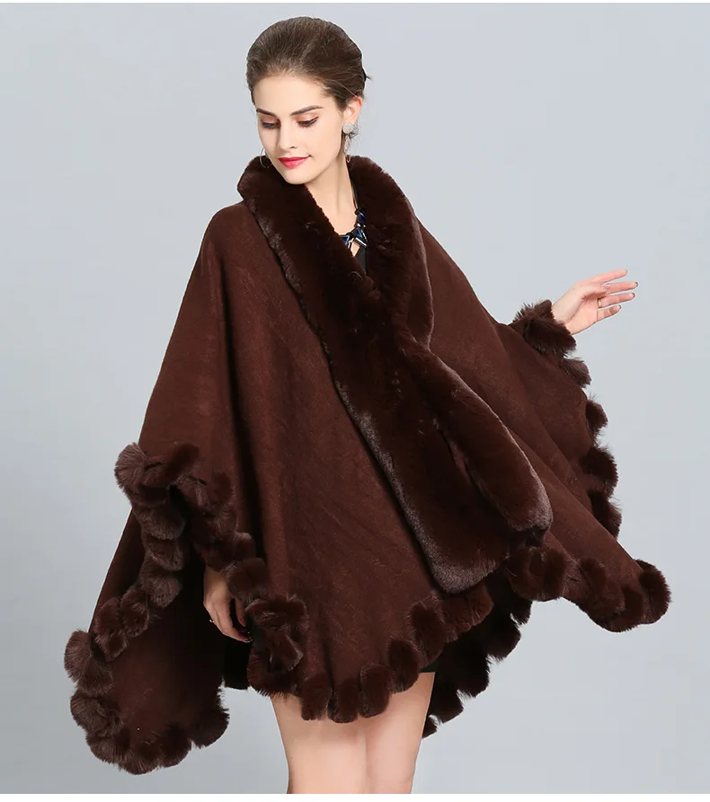 Женская зимняя шаль из искусственного лисьего меха, большой длинный воротник, свободное пончо, накидки, кардиган, пальто размера плюс, накидка из пашмины белого и черного цвета