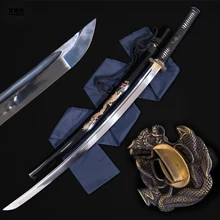 Ручная ковка, полностью черный 1060 лезвие, японский самурайский меч катана, настоящий меч Тан, готов к бою, 9260, весеннее стальное лезвие