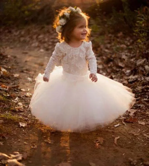 

2019 new baby kid flower girl dress ivory christening baptism dresses with sash lace long sleeves toddler first communion gowns
