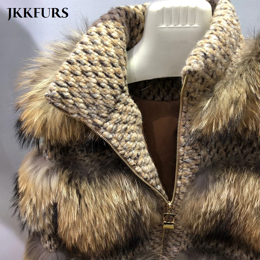 Новая женская шуба из натурального меха енота зимняя модная Толстая теплая меховая куртка подлинный натуральных мех высокого качества S7458