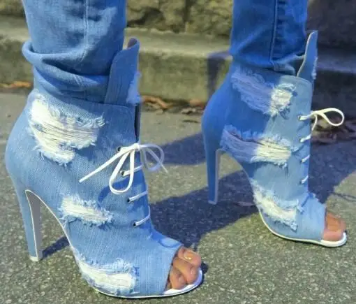 

Drop Shipping New Women Blue Denim Jeans Peep Toe Lace Up Front Stiletto Heel Short Ankle Boots Cuts Out Hole Booties Shoes 43