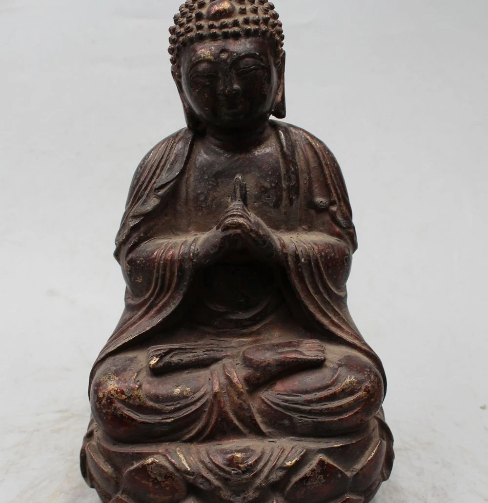 

11"Old China Buddhism Wood carve Stand Shakyamuni Sakyamuni Buddha Statue