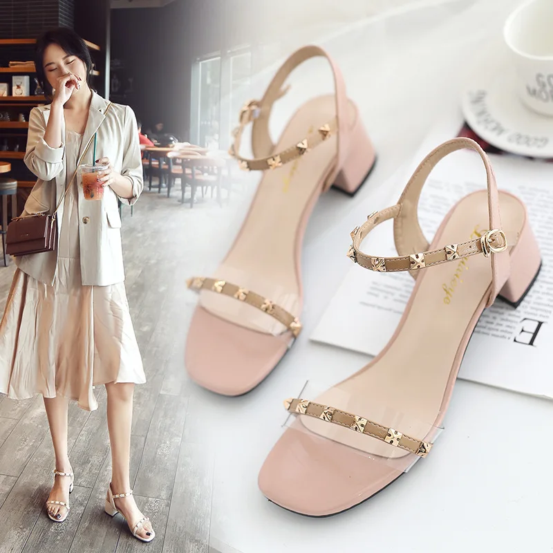 

New Summer 2019 Euro-american Riveted Medium-heeled Sandals With Rough-heeled Women's Shoes Show long legs banquet work shoes