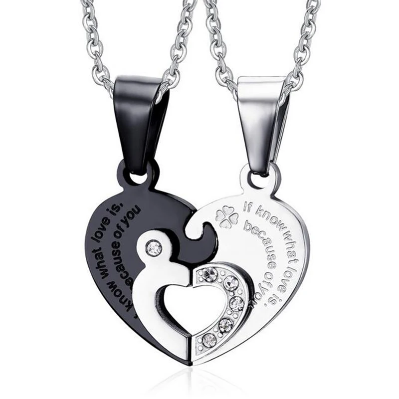 

2 Piecces! Couple Necklace Gold Blue Black Plated Titanium Heart Pendant Stainless Steel Chain Lover Necklace for Women and Men