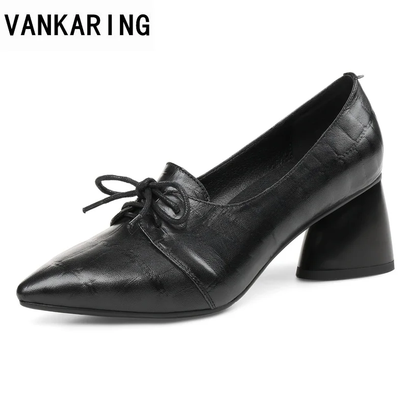 

VANKARING women pumps new lace up fashion soft leather middle heels shoes square toe black shoes woman dress casual shoes pumps