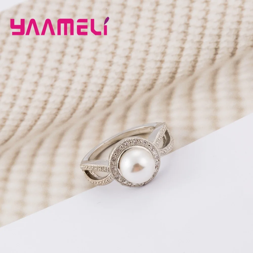 Brand Created Genuine 925 Sterling Silver Pearl Wedding Rings with AAA Cubic Zirconia Crystal For Women Vintage New Sale