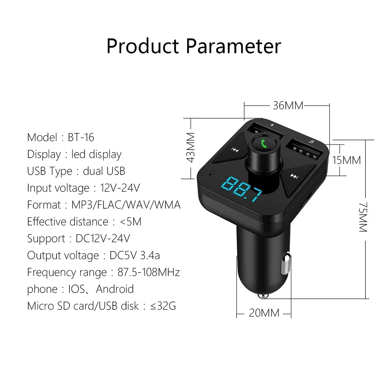 BT16 USB зарядное устройство комплект беспроводной связи bluetooth для автомобиля fm-передатчик модулятор Handsfree Carkit аудио радио музыка Mp3 плеер для телефона