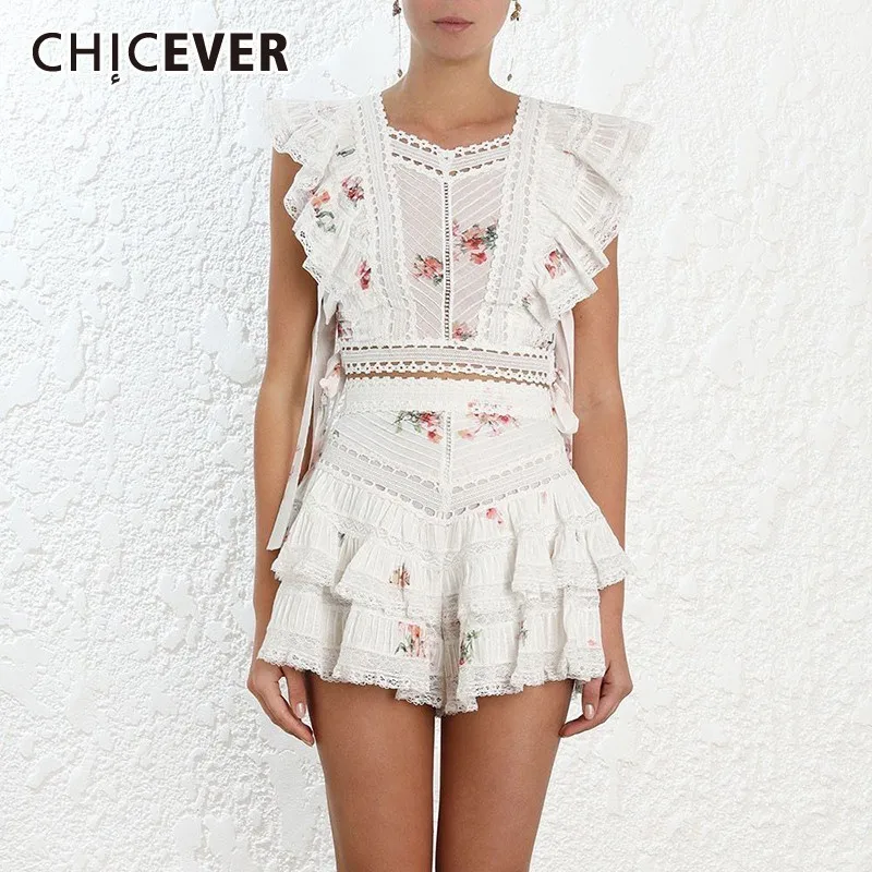 CHICEVER Летний милый принт Лоскутные оборки женский костюм из двух частей с v