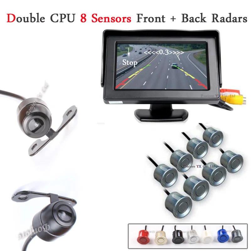 

4.3' Car Monitor Reverse Radar Monitor System 8 Alarm Sensor with Front View Camera + Rear view Camera Parking Assistance System