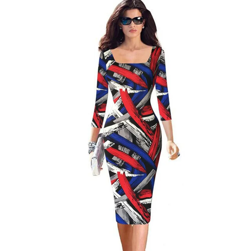 

JENYAGE Women Striped Graffiti Dress Elegant Square Neck Work Office Lady Bodycon Plus Size Knee Length Formal Dresses 2018