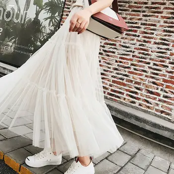 

Womens Girls Layers Tulle Skirt New Long Mesh Pleated High Waist Princess Skirts Solid Korean style Skirts Summer 2019