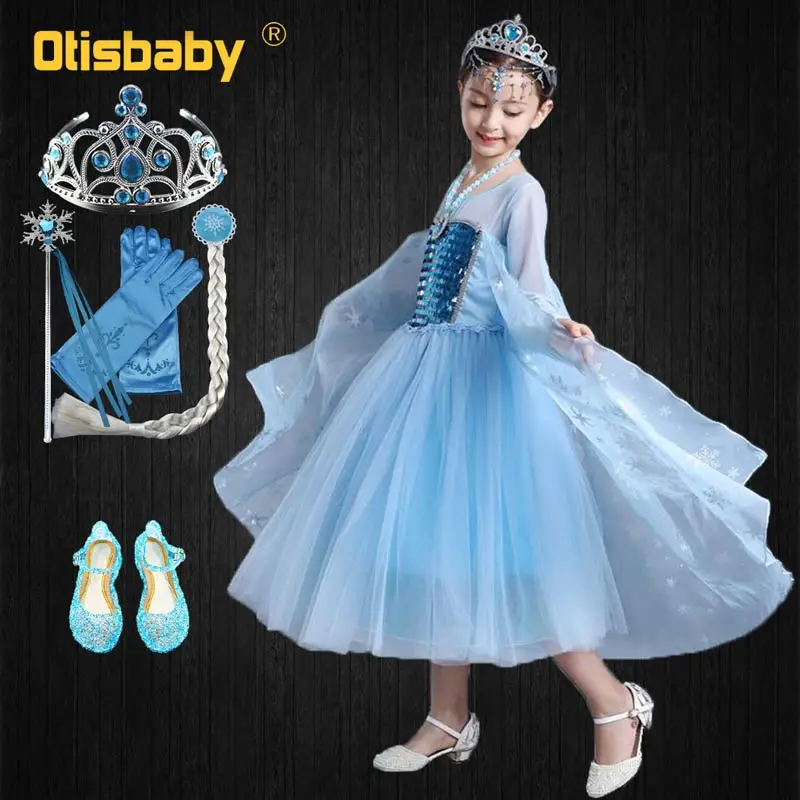 

OTISBABY Girls Elsa Costume Blue Snow Queen Princess Dress up with Long Train Halloween Christmas Party Sequined Cosplay Fantasy
