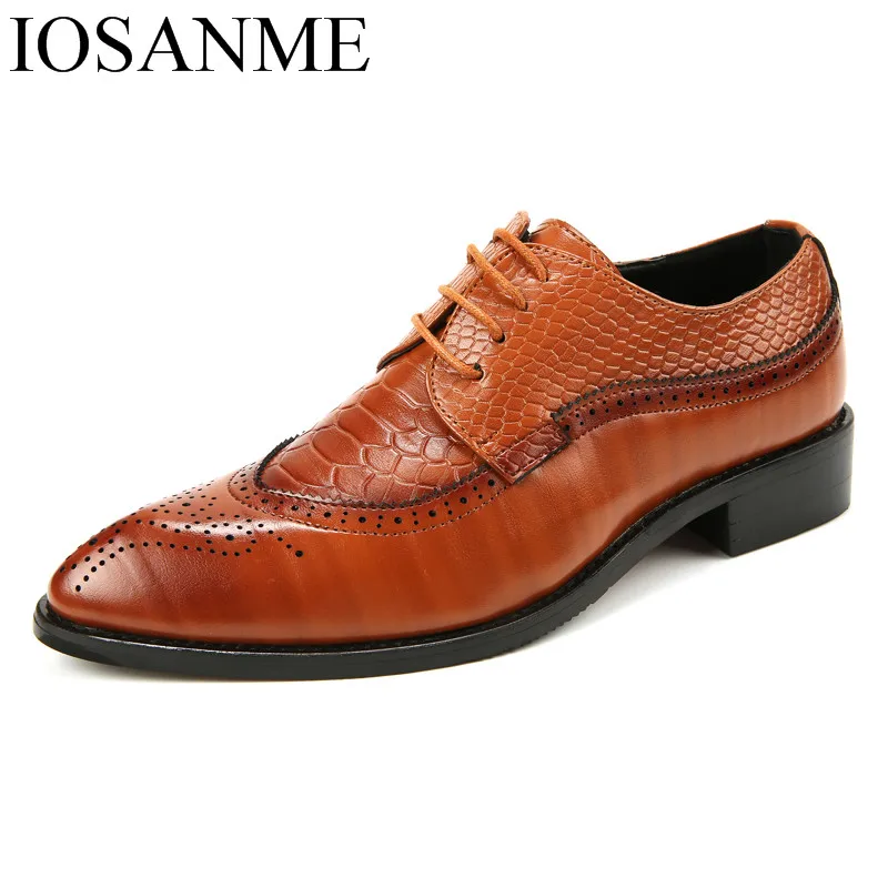 men formal shoes leather luxury brand snake fish skin pointed toe dress