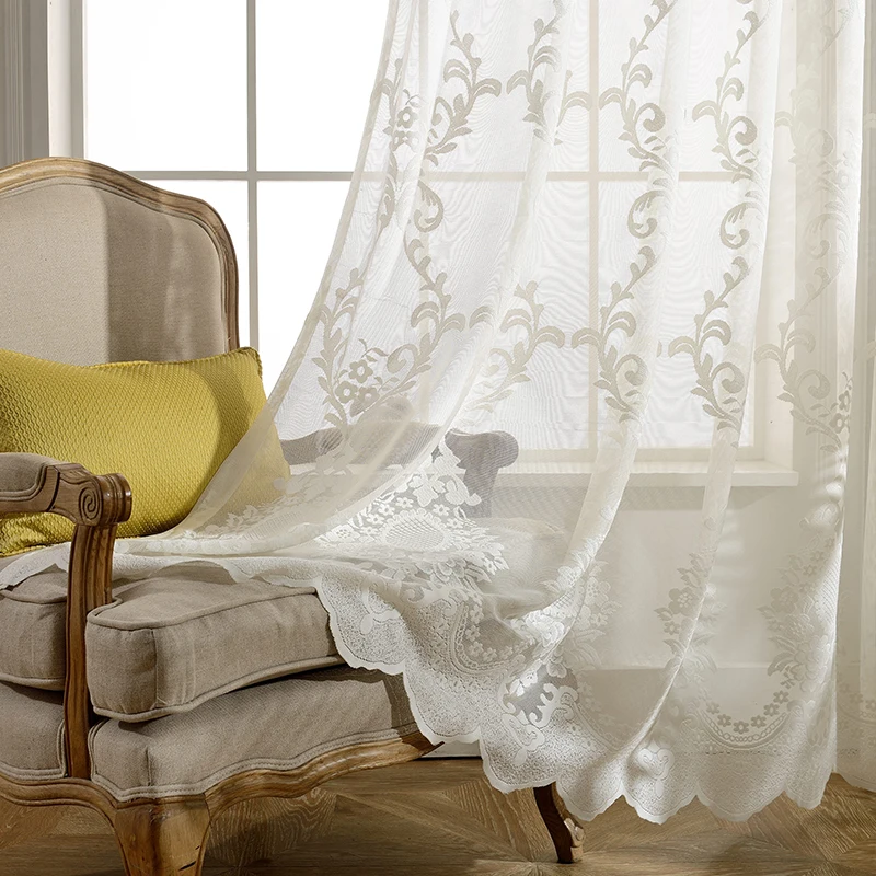 

European Style Tulle Sheer Curtains For Living Room Bedroom Windows High-grade White Embroidery Flower Voile Curtains