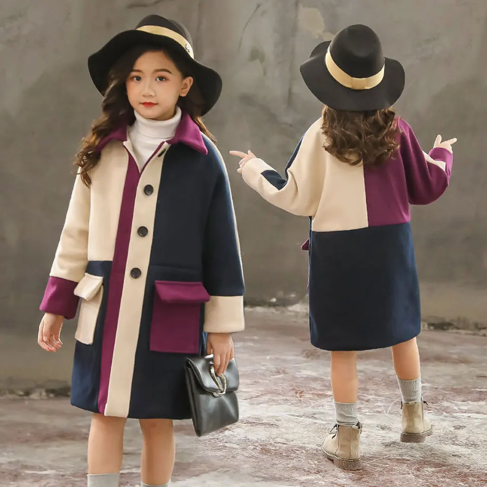 

2018 New Korean Style Girls Wool Coat Teen Jacket Winter Long Coat Kids Button Outwear Jacket Clothes 4-13 Years Students