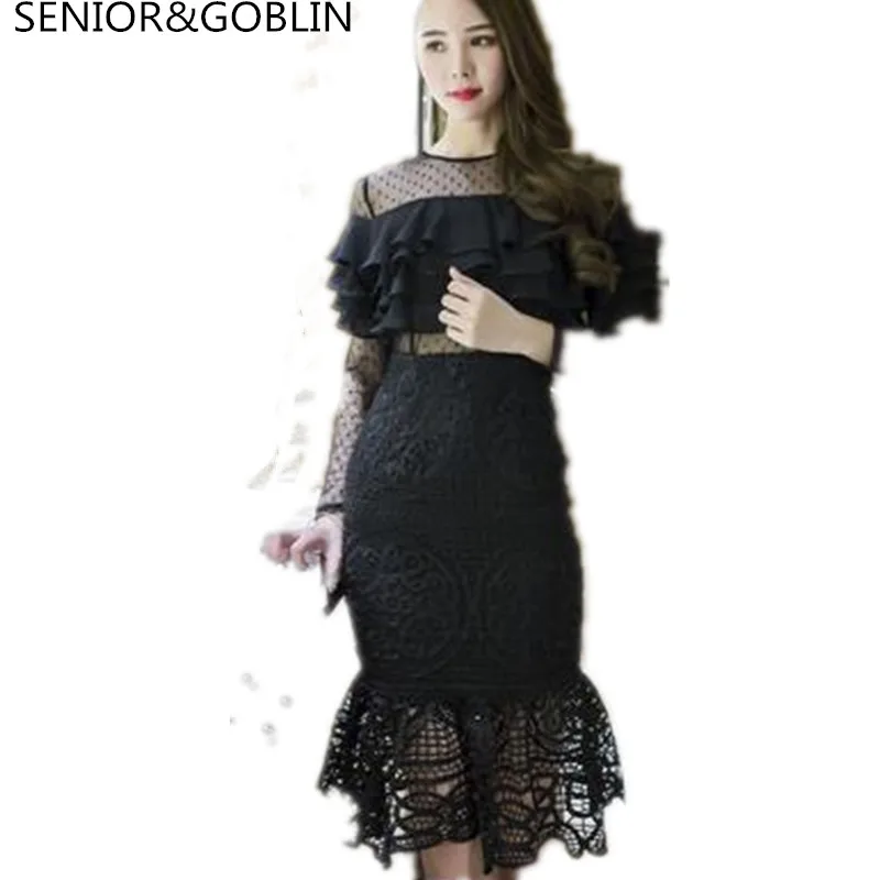 

High Quality woman dress 2019 See-through sexy off-the-shoulder lace patchwork dress