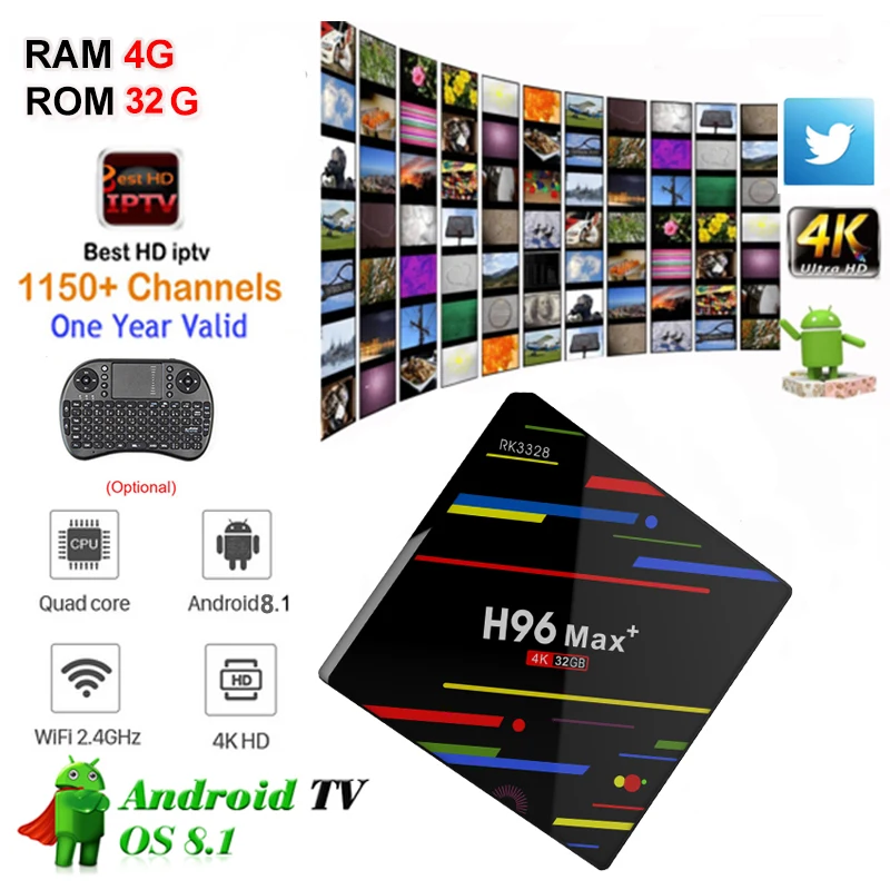 

h96 max+ Smart Android 8.1 TV BOX 4gb RAM 32gb ROM rk3328 Quad-Core 1080p HDR10 USB3.0 WiFi Media Player with iptv subscription