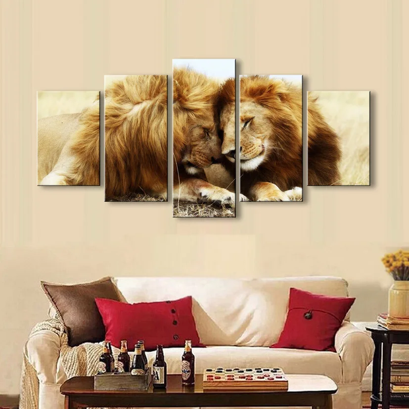 5 pieces high-definition print Animals Lion Group canvas painting poster and wall art living room picture B-053 (4)