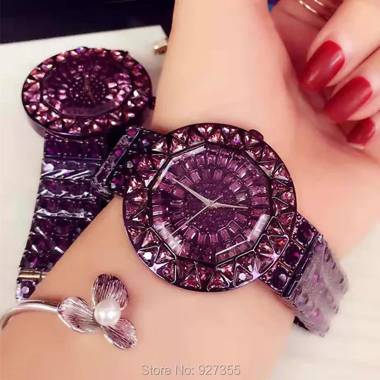 Новинка, стильные Фиолетовые женские часы, топ класса люкс, сталь, полностью Стразы, наручные часы, женские часы с кристаллами, женские кварцевые часы