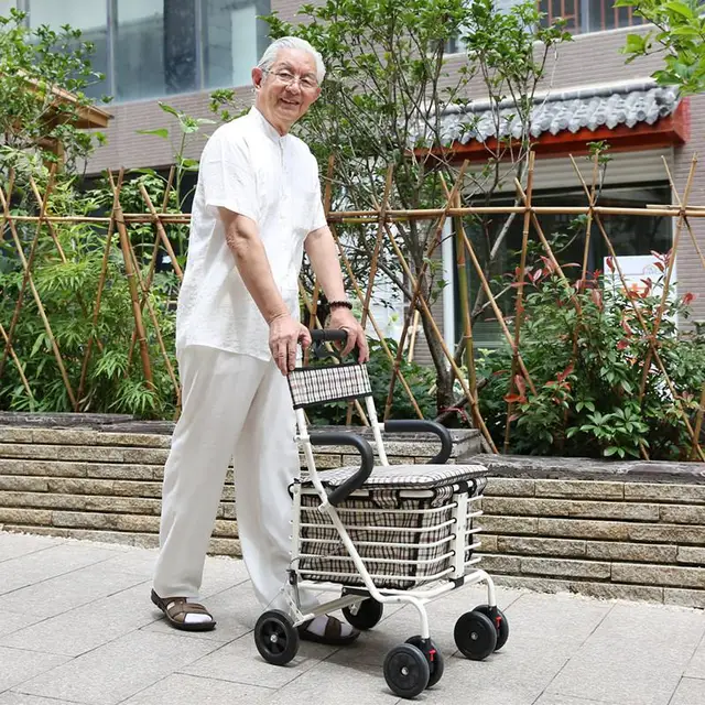 Senior shopping cart trolley travel helper can sit pushable folding