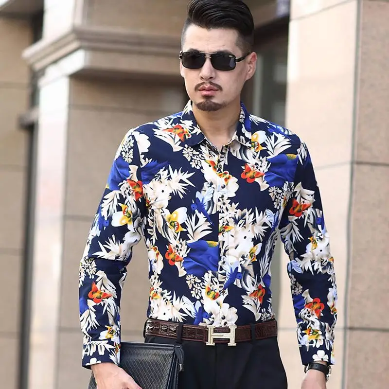 

Wedding Dress Blouse Men's Clothes Long sleeve Floral Hawaiian Shirt Men Flower Casual New Model Shirts Mens
