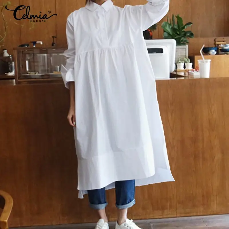 

Fashion Women Solid Buttons Shirts Dress Celmia 2019 Autumn Casual Long Sleeve Pleated Midi Dress Loose Irregular Hem Vestidos