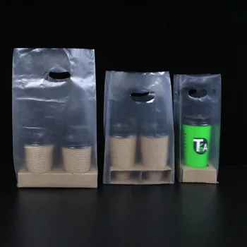 

50pcs Disposable milk tea packing bags transparent portable plastic bag with handle