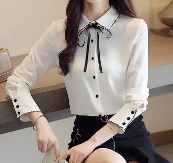 

2019 Autumn New Arrival High Quality Hot Sale OLStyle Fashion Turn-down Collar Bowknot Long Sleeve Woman Chiffon Blouse White