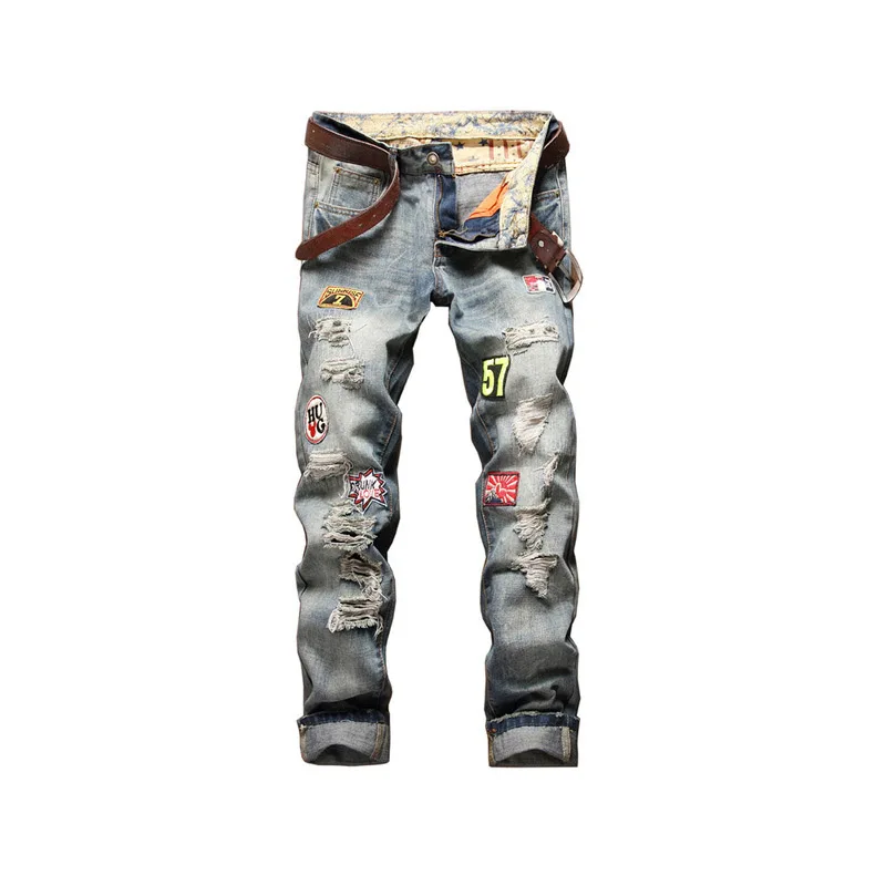 

2019 Hot sale! Fashion youth personality badge decoration hand-worn men's jeans Slim straight badge to do old hole pants men