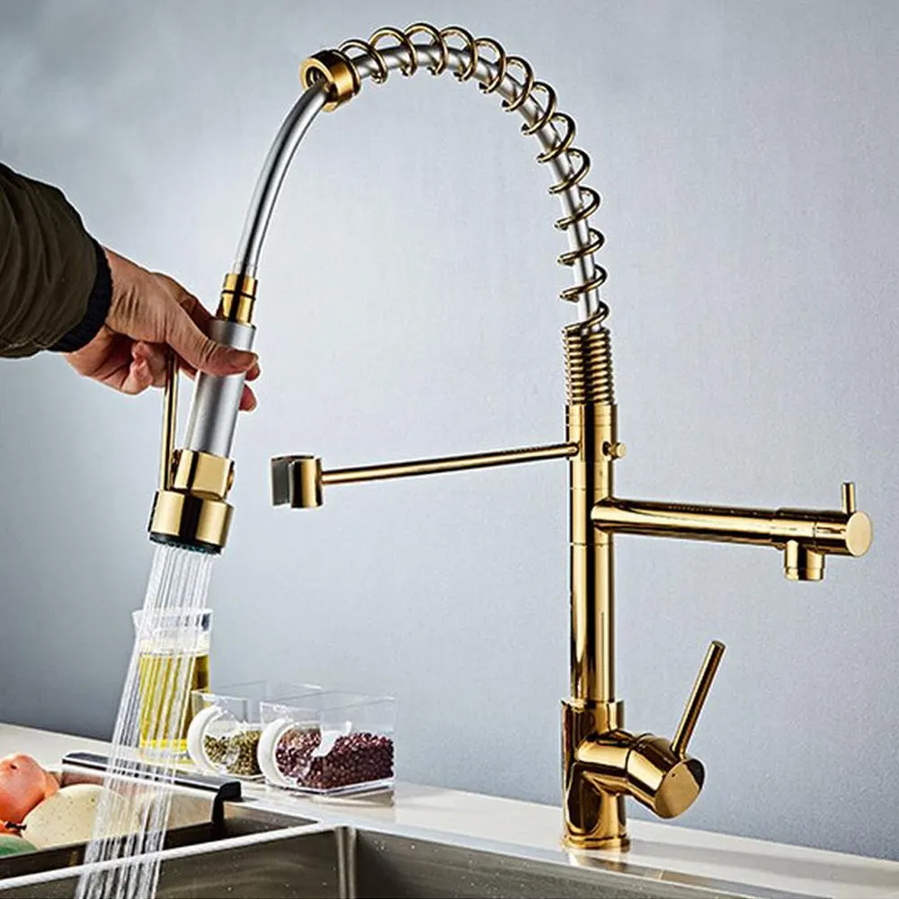 

360 Rotation Dual Spout Sink Pull-out Spray Faucet Kitchen Faucet Pull Out Sprayer Gold Swivel Spout Single Handle Mixer Tap