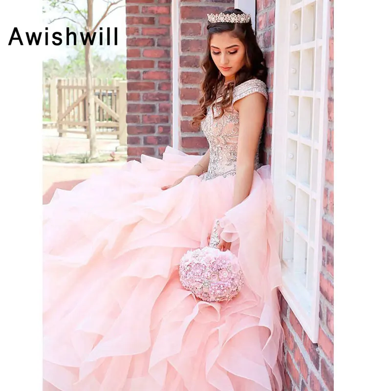 

New Arrival Vestidos de 15 Sweet 16 Dresses Off The Shoulder Beadings Ruffles Organza Ball Gown Blush Quinceanera Dress 2019