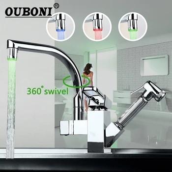 

LED Chrome Brass Kitchen faucet Mixer Tap Kitchen Tap Pull Out & Swivel Two Function Spout Water Basin Sink Mixer Tap Faucet