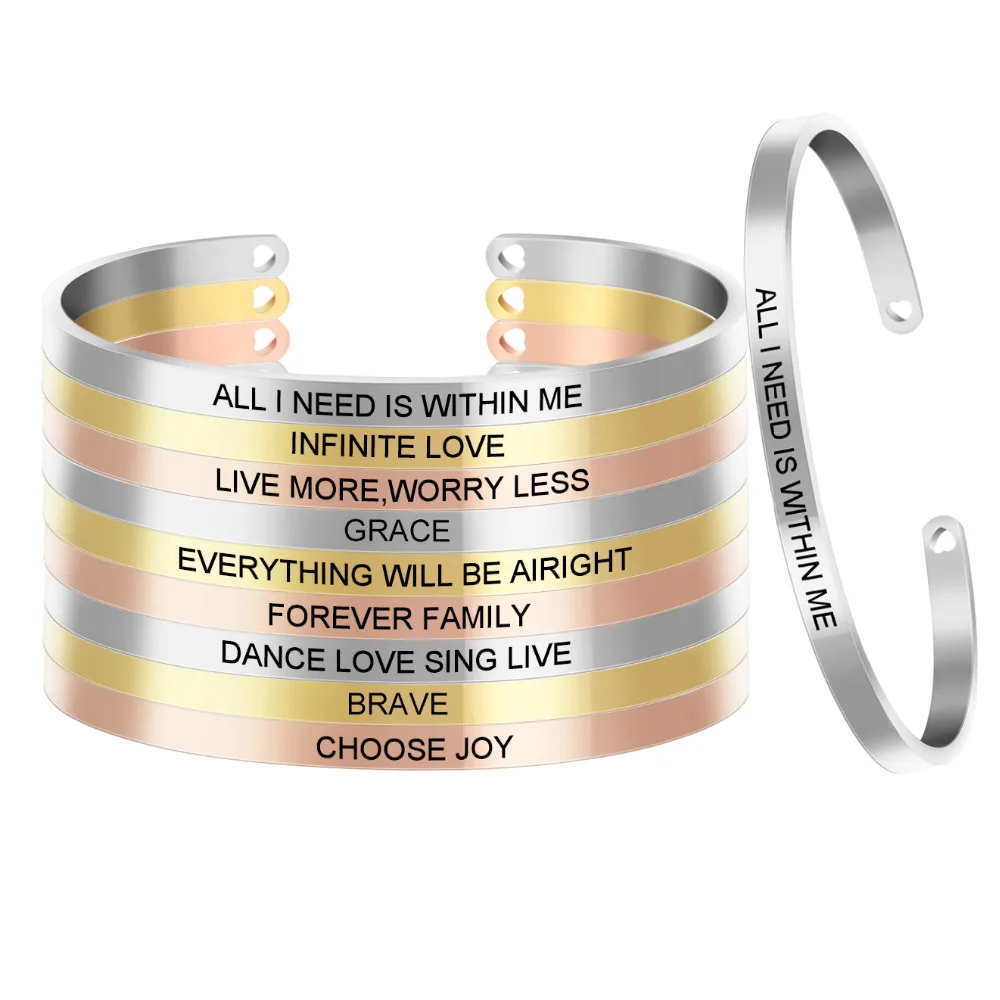 

2019 Newest Quotes Bracelets 316L Stainless Steel Open Cuff Bangle Fashion Women Female Inspirational Jewelry Bracelet SL-057