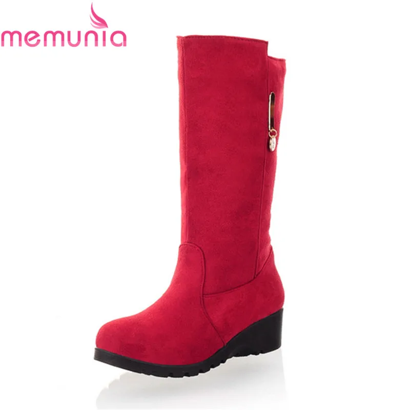 

MEMUNIA big size 33-43 new arrival 2020 mid calf boots round toe 4cm wedges boots slip on metal decoration winter boots womens
