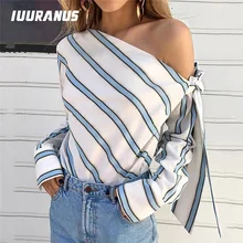 IUURANUS Summer Women New Striped Loose Blouse Fashion Lady Off Shoulder Lace Up Shirts Female Elegant Tops Blouses Long Sleeve cold shoulder lace up striped blouse