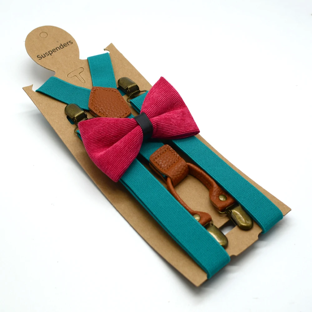 

Bow Tie Suspenders Set for Women Men Solid Pattern Retro Style Clips Fashion Tie 4 Clips suit for Young Female Male