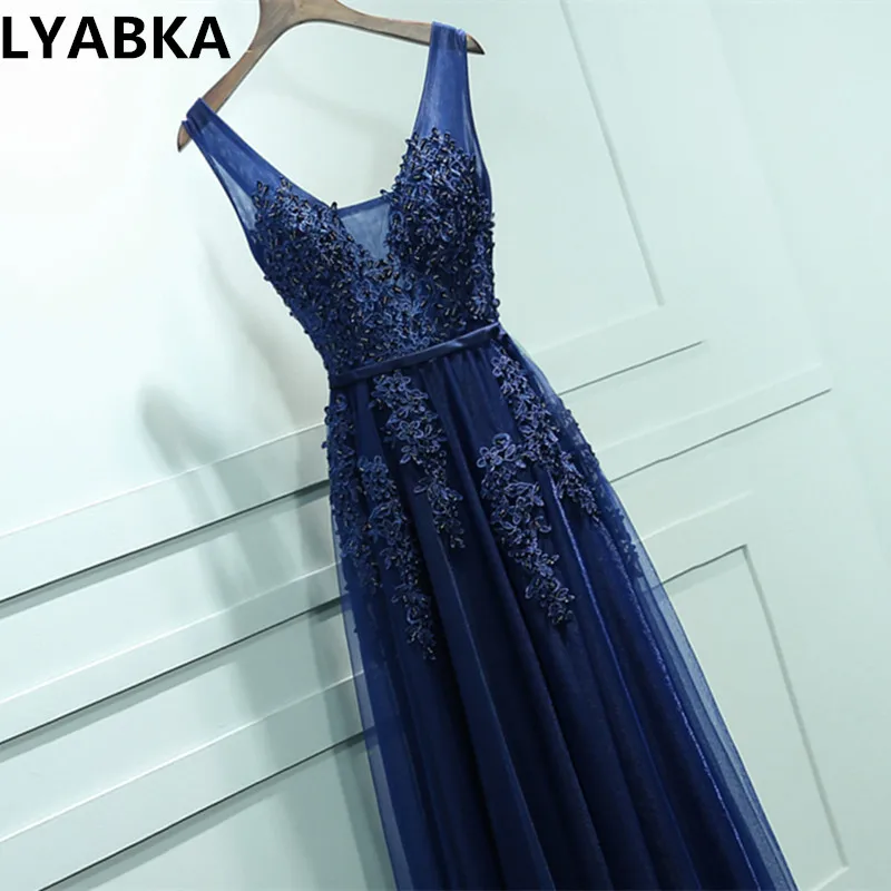 

2019 vestidos de baile Stock Navy Blue A-line Prom dresses vestido de noite V-neck elegant cheap long appliques prom dress