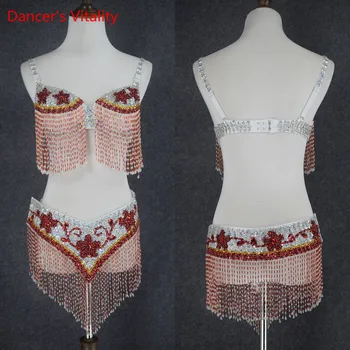 

2018 Belly Dance Performance Clothing Women Dancewear Professional 2pcs Outfit For Oriental Beads Costume Belly Dance Bra+Belt